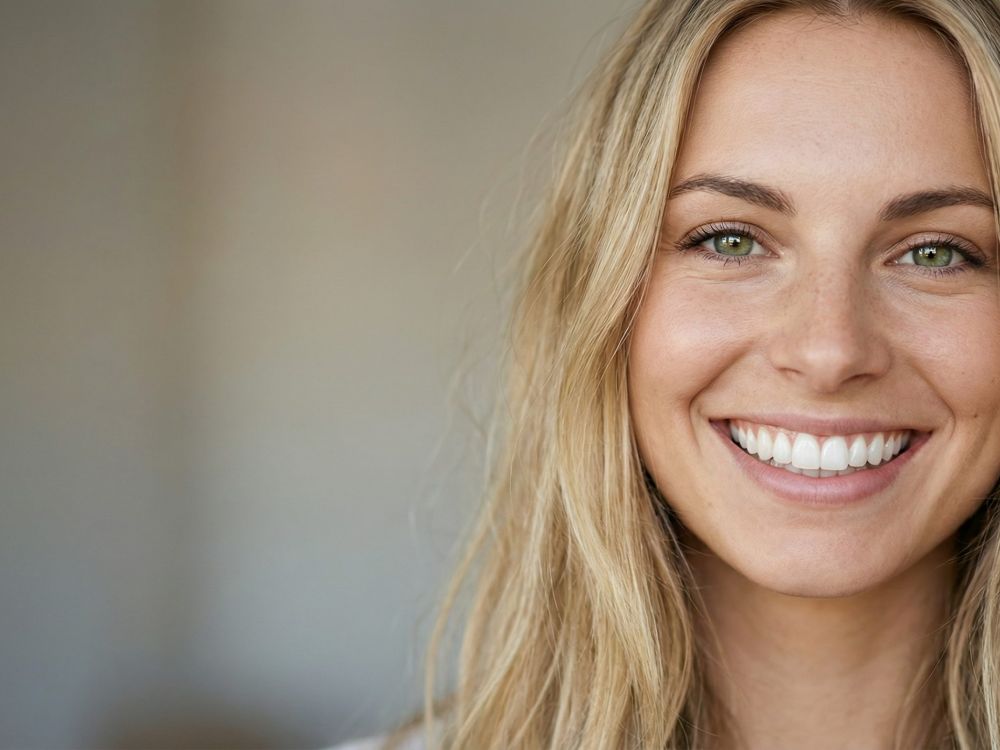 Frau mit natürlich wirkenden Keramik-Veneers und strahlendem Lächeln.