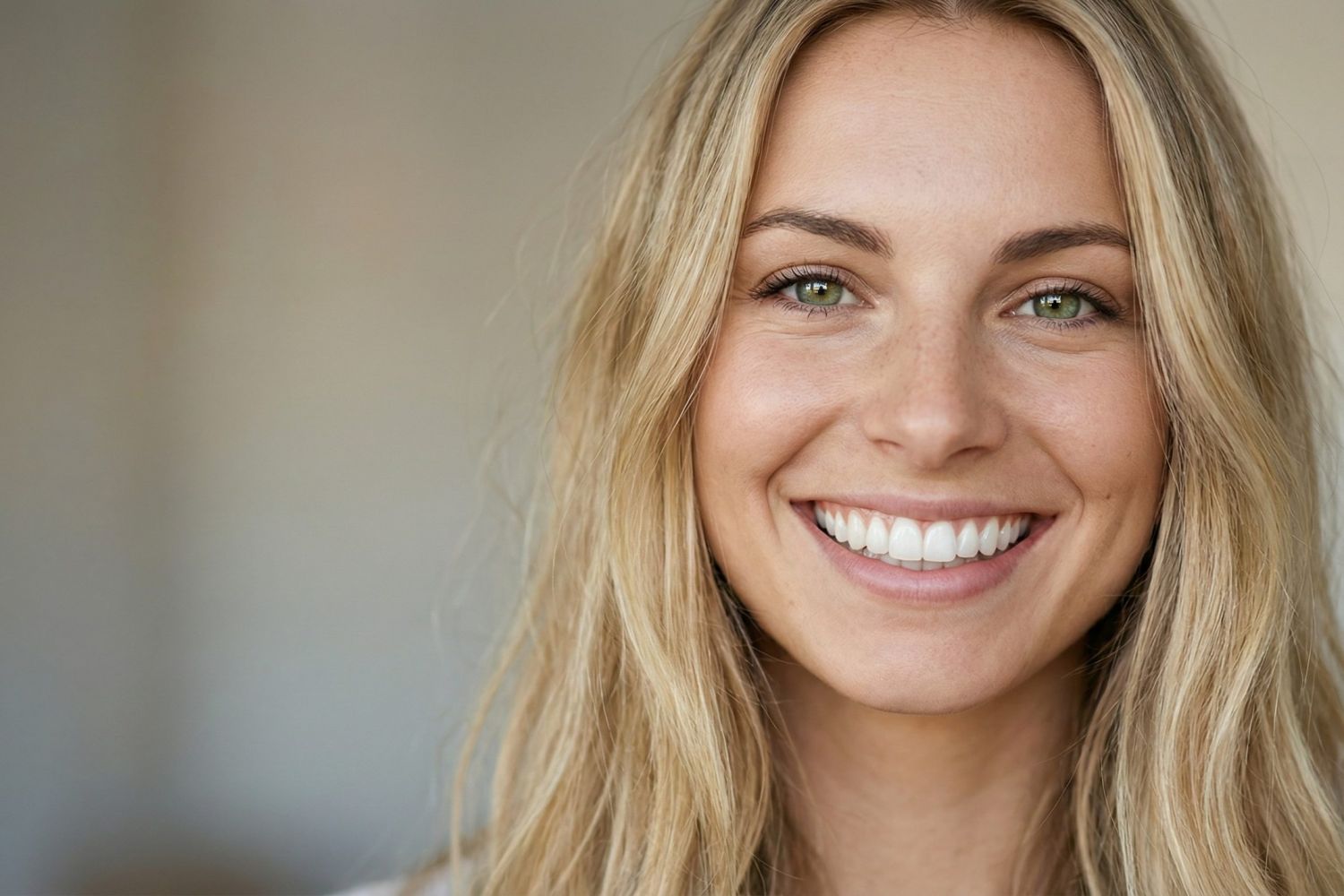 Frau mit natürlich wirkenden Keramik-Veneers und strahlendem Lächeln.
