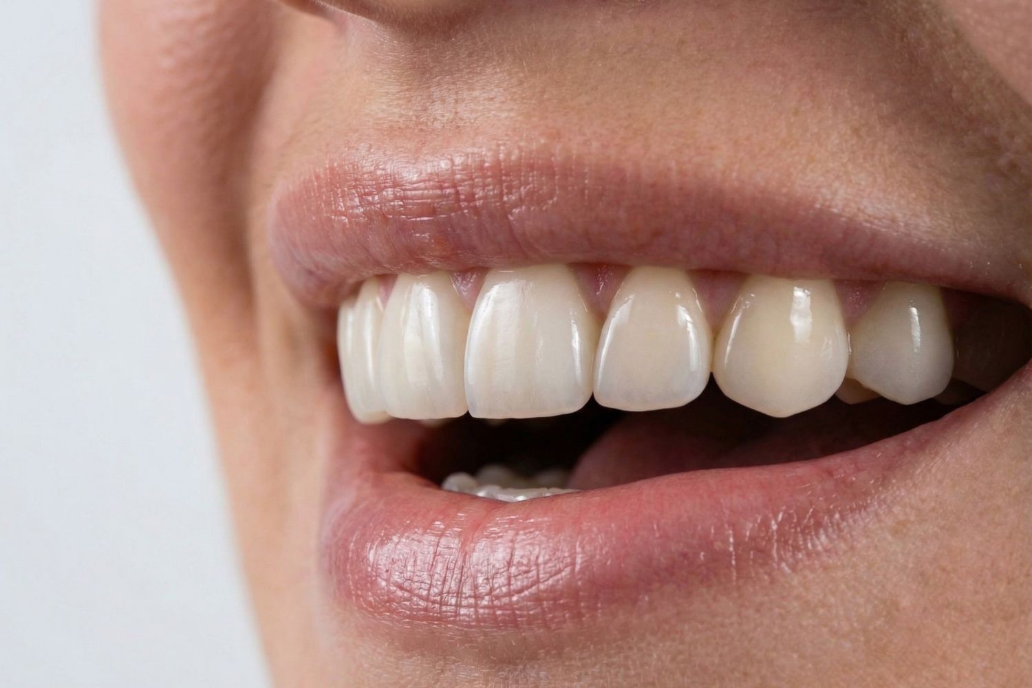 Detailaufnahme eines natürlichen Lächelns mit Veneers.